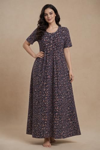 Image of Bahumaan Cotton Nighty for Women Full Length Stylish | Floral Print Cotton Maxi Dress for Women with Pocket | Sleepwear Gown for Women