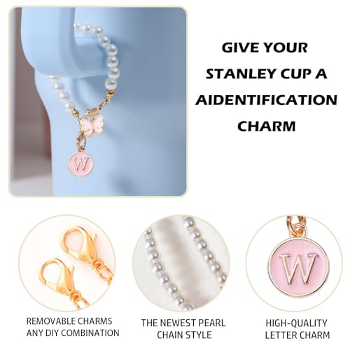 Image of Accessories for Stanley Cup Pearl Chain Initial Accessoriess for Handle Stuff Decor Water Bottle Jewelry Tumbler Cute Simple Modern Personalized Name ID Decorations Letter Pink Tag W