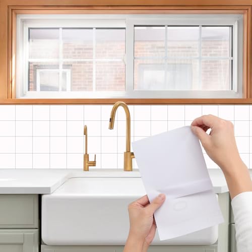 GZRXIOUS 50 Piezas Azulejos Adhesivos Blancos, 15x15cm Vinilo Adhesivo Cocina, Azulejos Adhesivos, Vinilo Pared Baño y Cocina Facil de Instalar