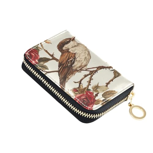 Small RFID Credit Card Holder Wallet with Zipper, Leather Wallet Case for Women Birds Red Roses