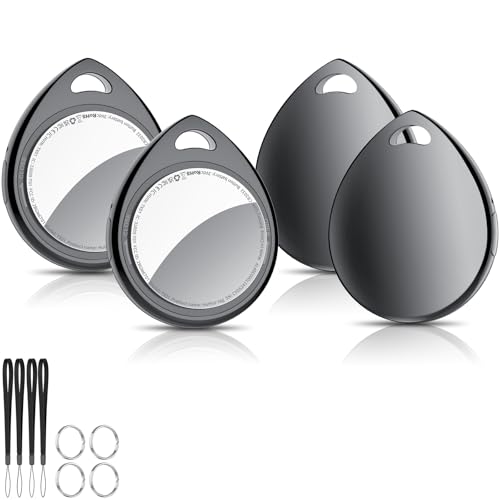 QCOQ® Air Locator Tags 4 Pack Black, Smart Bluetooth Tags Compatible with Apple Find My (iOS Only), Item Tracker with Keychain/Lanyard for Keys, Wallets, Luggage, Suitcases, Replaceable Battery