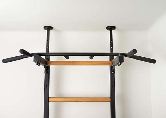 522B Wallbars, Stall Bars, Swedish Ladder, Gymnastic Ladder with Fixed Steel 6-Grip Pull Up Bar, Dip Bar with Polyurethane Back Support, Floor to Ceiling or Wall Mounting