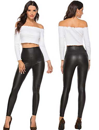 Riojoy Womens Sexy Leather Leggings Pu High Waist Butt Lifting Pleather Pants Stretchy Faux Leather Tights Push Up (A-Class Matt Black,M) #TOP4
