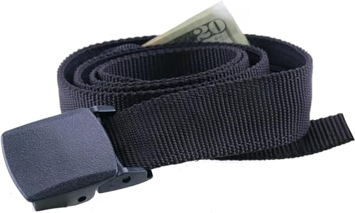 Big & Tall Nylon Trekker Money Travel Belt - Hidden Secret Money Compartment Lightweight & Durable Metal Nickel Free Buckle by Thomas Bates, Black, One Size, Money Belt