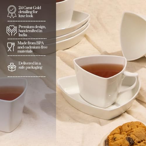 Image of GOLDEN QUEEN'S Cup & Saucer Set | Perfect for Hosting & for Tea /Coffee Lovers | Handcrafted in India | 6 Cups & 6 Saucers |170 ml - Set of 12 pcs - Origami White