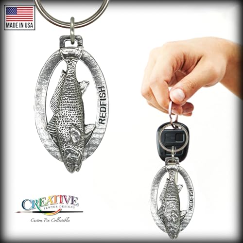 Redfish Keychain, Pewter, S031KC, 2”, 100% Handmade in The USA, Red Drum Fish Keychain, Red Drum Key Chain, Fish Keychain, Key Ring, Key Fob, Fishing Gift, 200 Fish Designs Available3