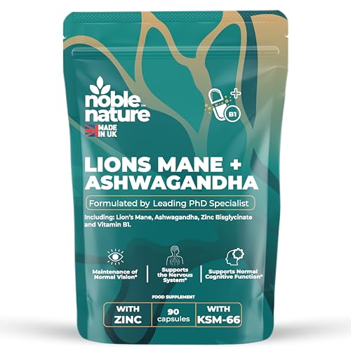 Noble Nature Lion’s Mane & Ashwagandha KSM-66 4-in-1 Adaptogen & Nootropic Supplement with Zinc Bisglycinate & Vitamin B1 – Brain, Focus & Calm Support – Made in The UK – 90 Capsules