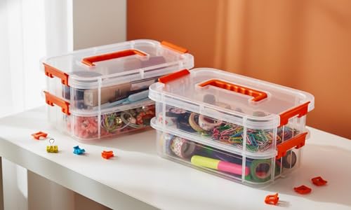 Image of Golden bird plastic boxes for Storage transparent, Space Saving Organiser with Lid Portable & Stackable for Jewelry, Beads, Crochet, Sewing, Scrapbooking DIY Craft (2 tier, Red)