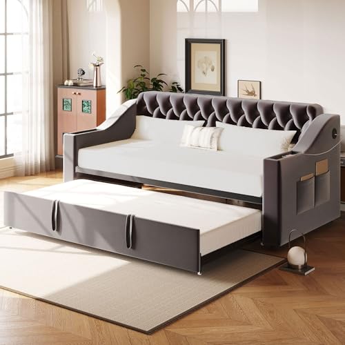 BENMWS Sofá cama tapizada, 90 x 190 cm, reposabrazos más anchos y gruesos con puerto de carga USB, estante integrado en los reposabrazos, con bolsillos de almacenamiento, con somier, tela de