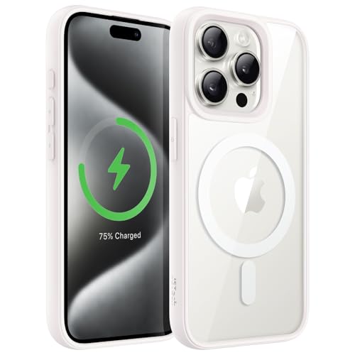 JETech Magnetic Case for iPhone 15 Pro Max 6.7-Inch Compatible with MagSafe, Shockproof Phone Bumper Cover, Solid Color Matte TPU Frame, Anti-Scratch Clear Back (White Titanium)