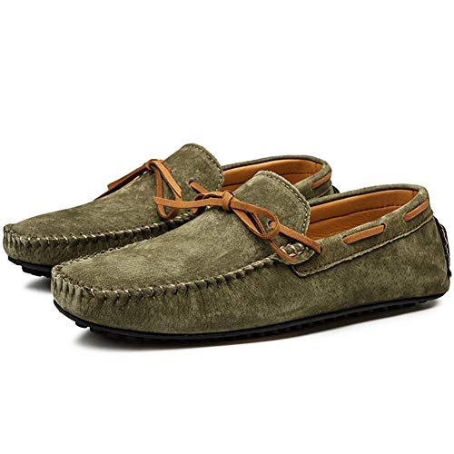 Driving Loafers for Men Deck Moccsins Lace Up Tie Decor Stiching Faux Suede Upper Flat Boat Shoes with Back Non-Slip Studs Business(Green,10 M US)4