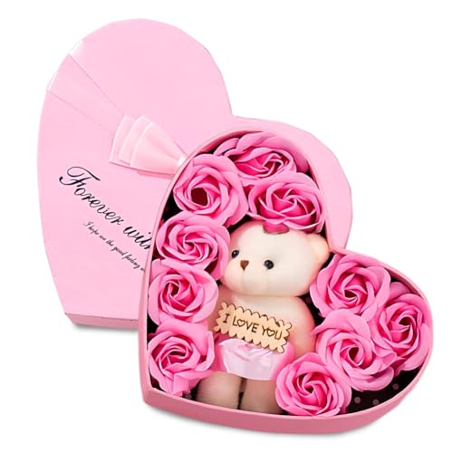 YUPDFGB Caixa de rosas artificiais, urso de peluche com caixa de presente de rosa, sabão de flores de rosa, caixas de presente de flores falsas para sempre, presente romântico para o dia da mãe, dia
