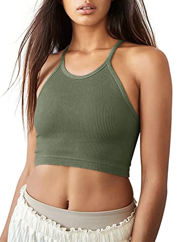 Laslulu Womens Halter Neck Sports Bra Crop Tops Workout Tank Tops Summer Tops Longline Padded High Impact Running Athletic Bra Camis Cropped Tank Tops(Army Green Medium) #TOP1