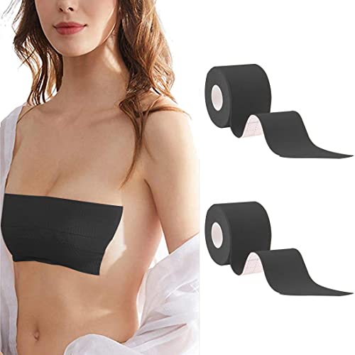mini kitty 2 Rouleau Soutien-Gorge à Bande de Seins Poitrine Invisible Auto-adhésive, sans Bretelles Soutien Gorge Tape, Breast Lift Tape de Poitrine pour Robe, Robe de mariée (A-E Cup) (Noir) Cover