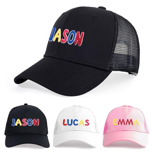 TNYKER Personalized Toddler Hat, Custom Name Patch Embroidery Girls Baseball Cap with Mesh, Personalized Gift Black Boys Trucker Hat for Kids Adults