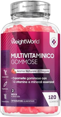 Multivitaminico Completo con 13 Vitamine e Minerali, Multivitaminico Donna e Uomo da 120 Gommose (2 Mesi di Fornitura), al Gusto di Fragola, con Vitamina C, D3, Gruppo B, E, A, Zinco, Iodio e Colina