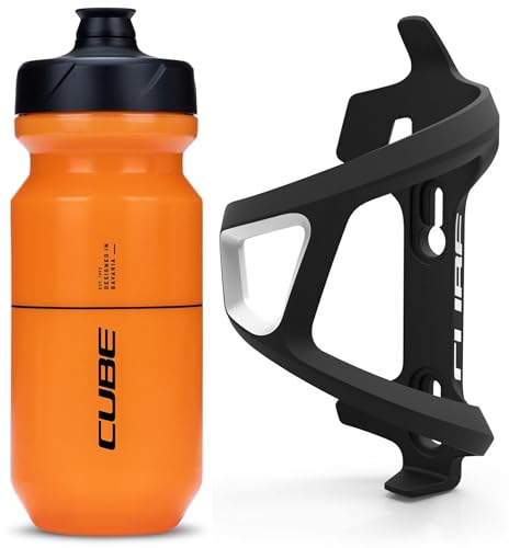 Cube HPP Left Side Loading Cage - Black & Flow Bottle - Orange, 500ml / Lightweight Bicycle Cycling Cycle Bike MTB Mountain Road Water Drink Flask Bidon Bracket Mount Holder HPA HPP Set Accessories