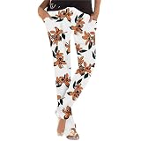 Pantalones de tela para mujer, pantalones de verano con flores, ligeros, informales, de playa, cómodos, informales, cómodos, informales, cómodos, harén, amarillo, S