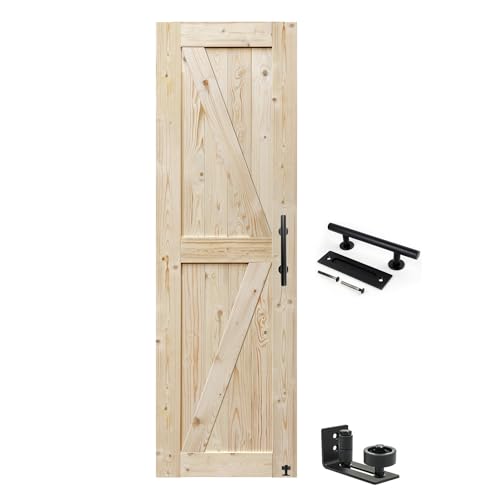 S&Z TOPHAND 26 in. x 80 in. Barn Door, Unfinished British Brace Style, Solid Wood Sliding Door, Simple Assembly Required