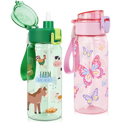 omedecal 18.6oz Kids Water Bottle, Tritan BPA-Free, Animals & Butterfly