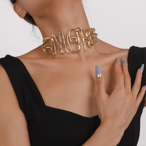 Metallic Amore Necklace Wide Script Word Choker Necklace2