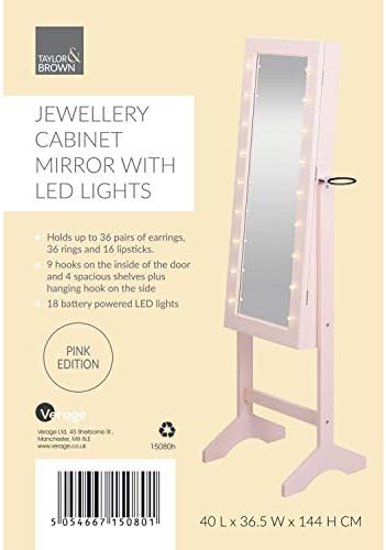 Jewellery Cabinet Full Length Mirrored | Floor Standing | 9 Hooks On The Inside Of Door And 4 Spacious Shelves | 18 Battery Powered LED Bulbs Painted MDF With Black Velvet Lining-PINK