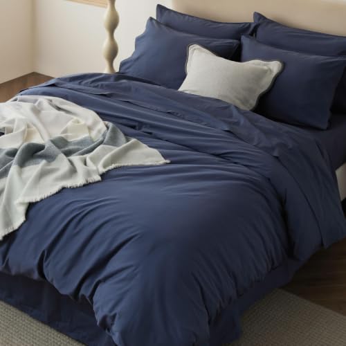 Double Stitch GOTS Organic Cotton King Duvet Cover, Washed 300TC, Navy