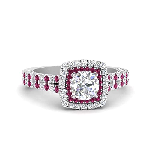 Image of 55Carat Choose Your Gemstone Double Band Square Halo Diamond CZ Ring 925 Sterling Silver Round Shape Halo Engagement Rings Everyday Jewelry Wedding Jewelry Handmade Gifts for Wife US Size 4 to 12