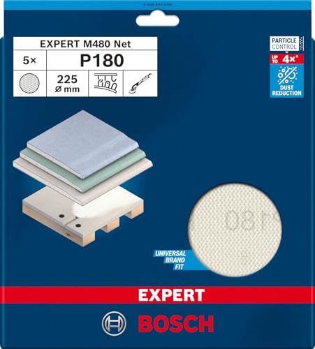 Bosch 5x EXPERT M480 Sanding Net (for Drywall, Hardwood, Ø 225 mm, Grit 180, Professional Accessory Drywall Sander)