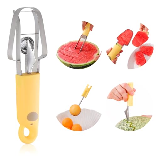Watermelon slicer cutter tool with multiple functions, featuring a yellow handle and stainless steel blades, shown in use for slicing watermelon and other fruits.