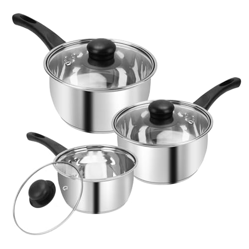 3pcs Stainless Steel Saucepan Set, Kitchen 1QT & 2QT & 3QT Pot Set with Lid Triply Base Sauce Pot for Cooking Stainless Steel Cookware Set