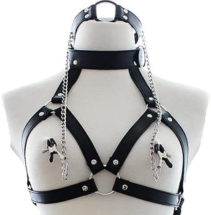 Bondage Restraints BDSM Sex Toys - Adjustable Bondage Gear & Accessories for Adult Couples, Chest Harness, Nipple Clamp, Neck Collar, and Open Mouth Gag 4 in-1 Sexy Toys Set Sex Game Tool (Black)