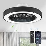 LEDIARY 22in Enclosed Ceiling Fans with Lighst and Remote, Black Modern Bladeless Ceiling Fan with Bright Light, Led Flush Mount Ceiling Fan for Bedroom, Living Room, Kid Room(6 Speeds, 3000-6000K)
