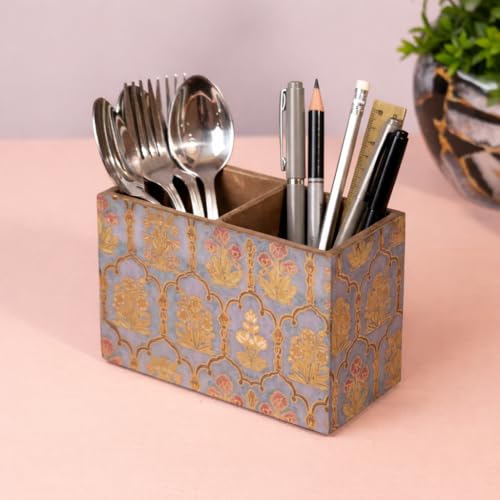 Image of Wooden Kitchen Cutlery Holder with 2 Compartments | Cutlery Stand for Dining Table | Spoon Stand | Black