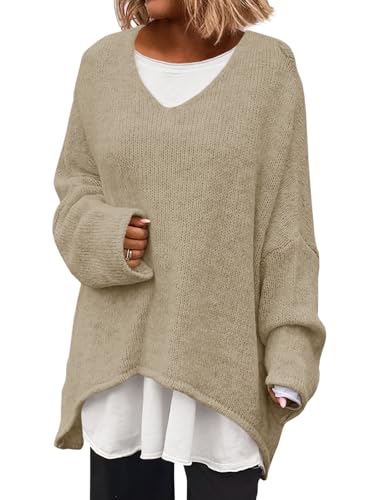 Saodimallsu Womens Oversized V Neck Sweaters Batwing Long Sleeve Knit Fall Slouchy Pullover Sweater Tops