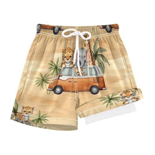 YANENDIE Boy Swim Trunks with Compression Liner Animals in The Car Boys Swim Shorts Quick Dry Beach Shorts