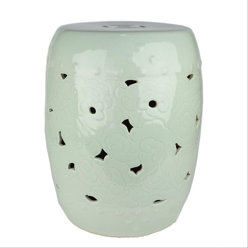Ceramic Garden Stool Decorative Garden Stools Antique Blue and White Twining Lotus Stool Hand-Painted Hollow Landscape Drum Stool Bean Green Dressing Cooler Ornaments Garden Stool(E)
