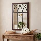 Rustic Window Mirror for Wall Decor, Wooden Frame Decorative Wall Mirror | 24”x37” Bathroom Vanity Mirror for Farmhouse Decor, Wall-mounted Haning Mirrors for Living Room, Bedroom, Entryway, Espresso