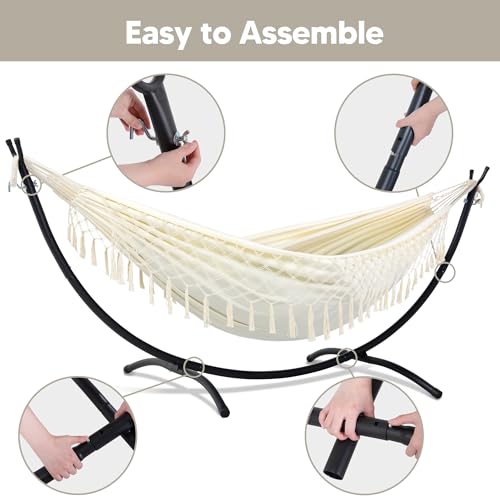 Image of SUNCREAT Portable Outdoor Hammock with Stand Included, Double Hammock with Tassel for Outside, Beige