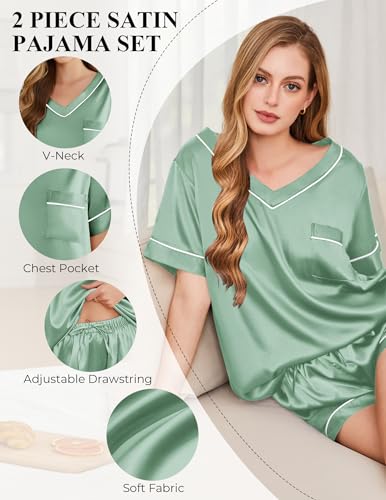 Image of Silk Pajamas for Women Short Sleeve Satin 2 Piece Pj Set Soft V Neck Sleepwear Loungewear, S-XXL