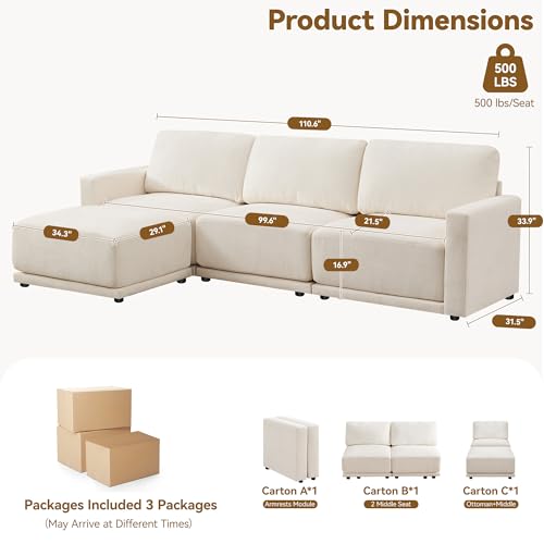 Image of 110.6 inch L Shaped Sectional Sofa for Living Room, Chenille White | Modular Cloud Couch with Movable Ottoman, Comfy Thickened Cushions, 21.5 inch Deep Seat, Modern Sofas for Apartment