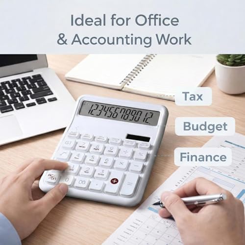 Image of 12 Digit Large Display Desktop Calculator White with Big Buttons, Dual Screen, GT & Memory Functions, Auto Power Off | Office, School & Home Use