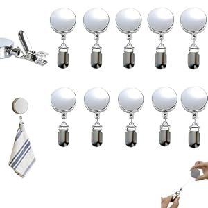 タオルクリップ 伸びる リール 穴を開けずに使える多機能伸縮クリップ-65cm伸縮可能 格納式バッジ リール メタル ヘビーメタルデザイン スチールケーブル付き キッチンバスルームエプロン用 自己粘着式 穴あけ不要 銀 10pcs