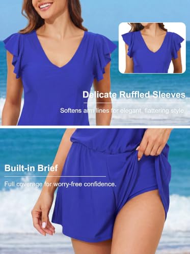 Image of Smismivo Swim Romper with Built in Bra and Pockets Swim Dress Modest One Piece Swimsuit Full Coverage Bathing Suit