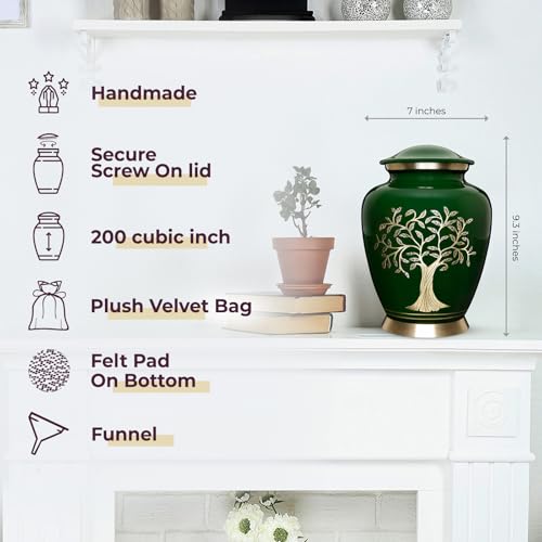 Image of Trupoint Memorials Cremation Urns for Human Ashes, Tree of Life Decorative Burial Urn for Adult Men and Women, Large Dark Green