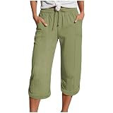 Pantalones Pirata 3/4 De Lino para Mujer Verano Tejido Fresco Transpirable Tallas Grandes con Bolsillos Laterales, Cintura Elástica Cómodo Ideal para Yoga Jogging Urbanos Playa Y Viajes Vacacionales