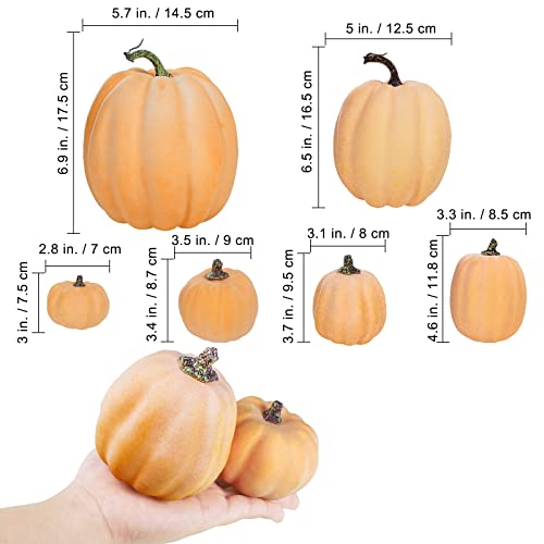 Image of Winlyn 7 Pcs Assorted Sizes Artificial Fall Pumpkins Faux Orange Decorative Foam Pumpkins for Gifts Fall Baby Shower Wedding Thanksgiving Halloween Table Centerpiece Mantel Decor