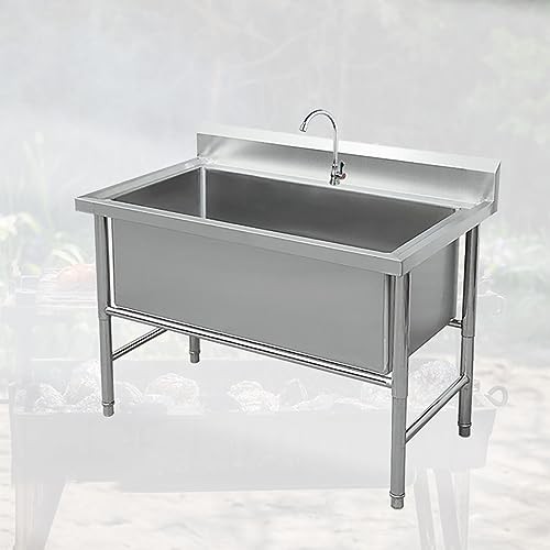 Large Utility Sink Stainless Steel Freestanding Commercial Kitchen Sink Single Bowl Industrial Sink With Backsplash Washing Sink For Laundry Room With Single Cold Faucet For Garage Restaurant ( Size :