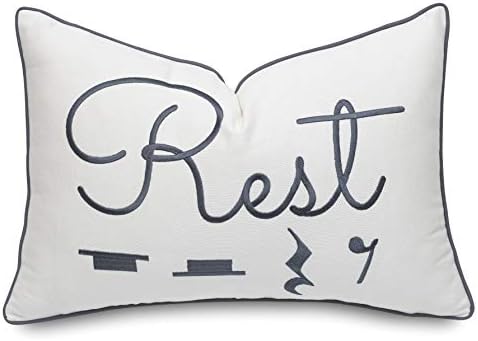 YugTex Rest Sentiment Cotton Embroidered Decorative Lumbar Accent Throw Pillowcase - Gift for Music Lover, Bedroom Decor - 12x18 Inches, Offwhite