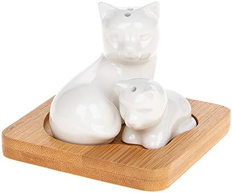White Cat and Kitten Cruet Set with Bamboo Stand
